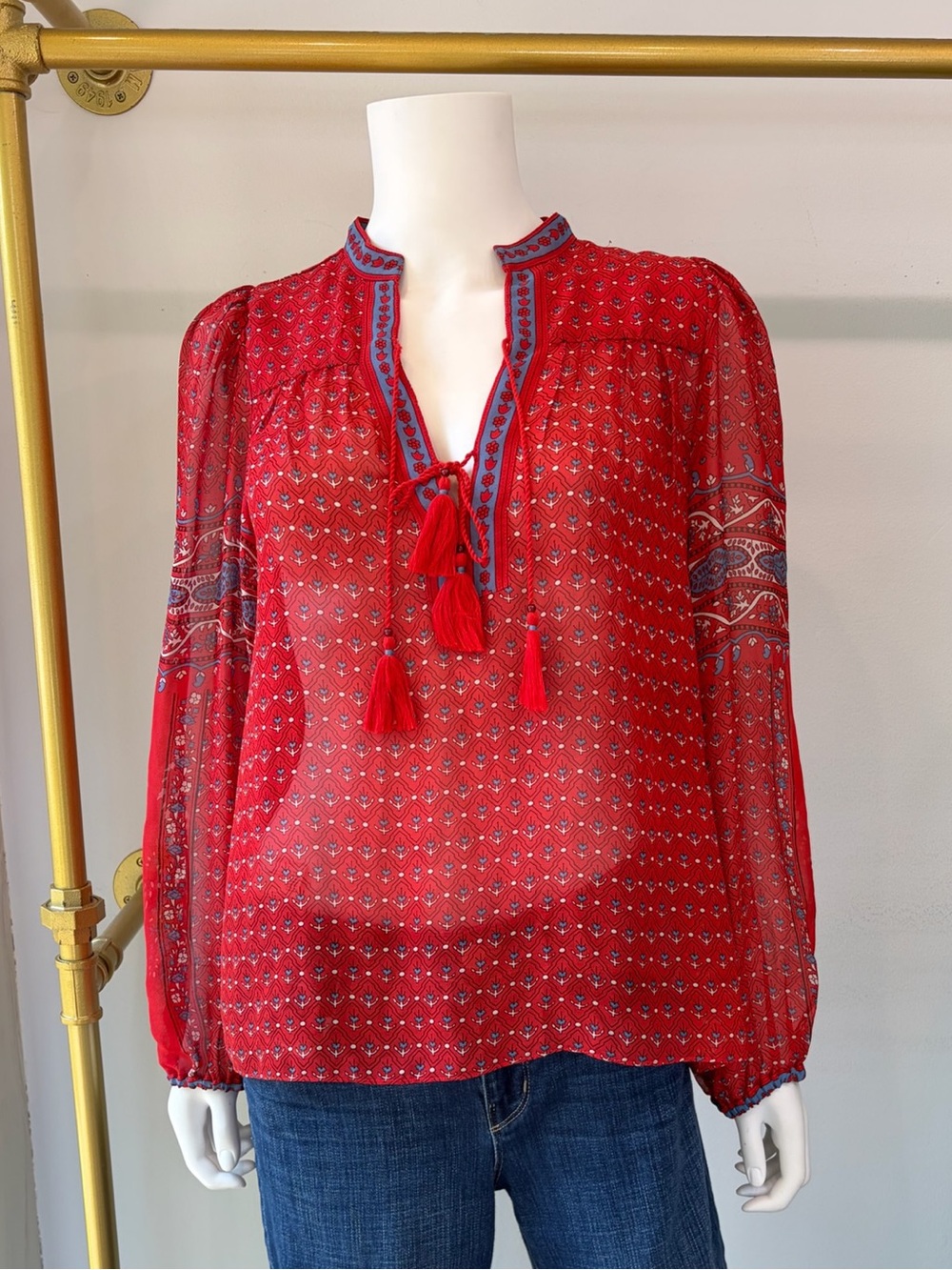 Ulla Johnson Red Tassel Tie Peasant Blouse - Women Tops